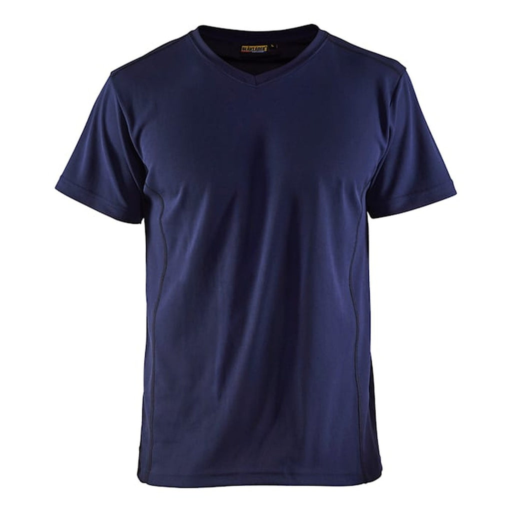 UV T-shirt i marineblå med V-udskæring, UPF 40+ solbeskyttelse, funktionelt arbejdstøj