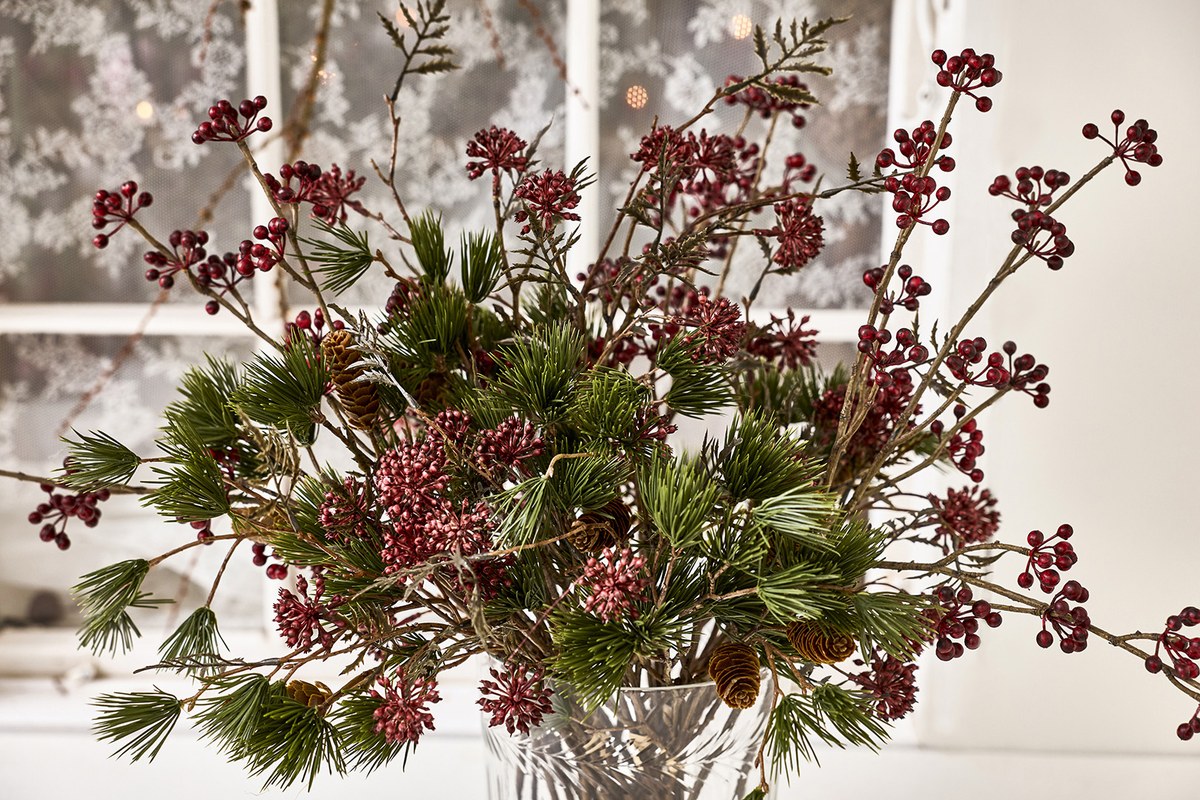 Silkeblomst bær- og bladgren – 3 stk. – 55 cm – grøn/bordeaux