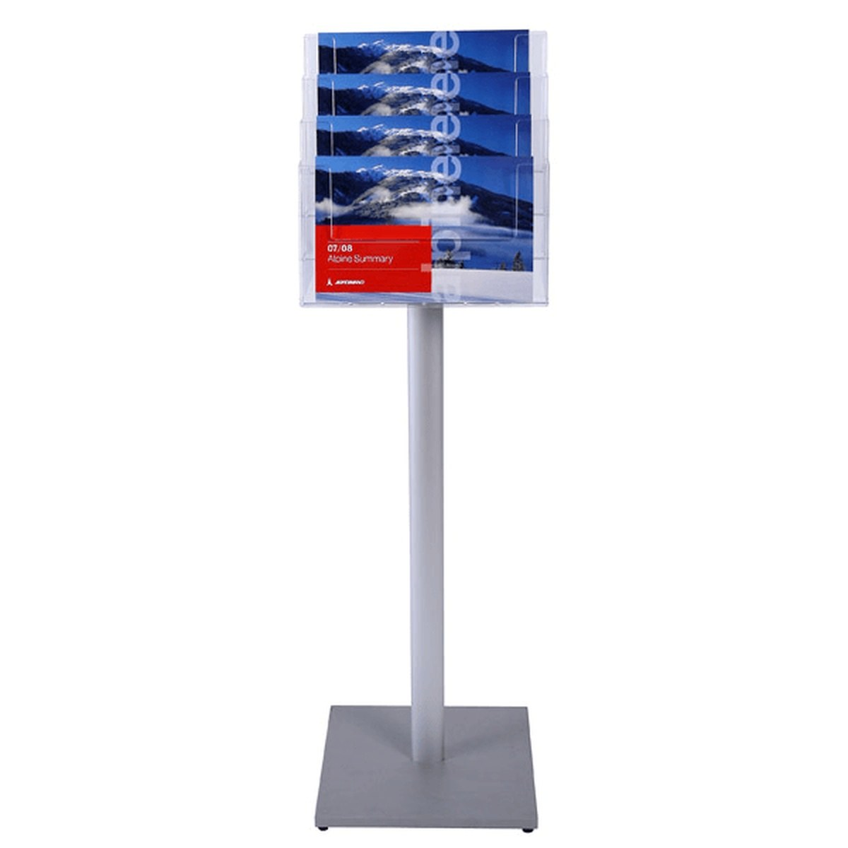 Gulvbrochureholder multiformat A6 i aluminium og glasklart polystyren på hvid baggrund.