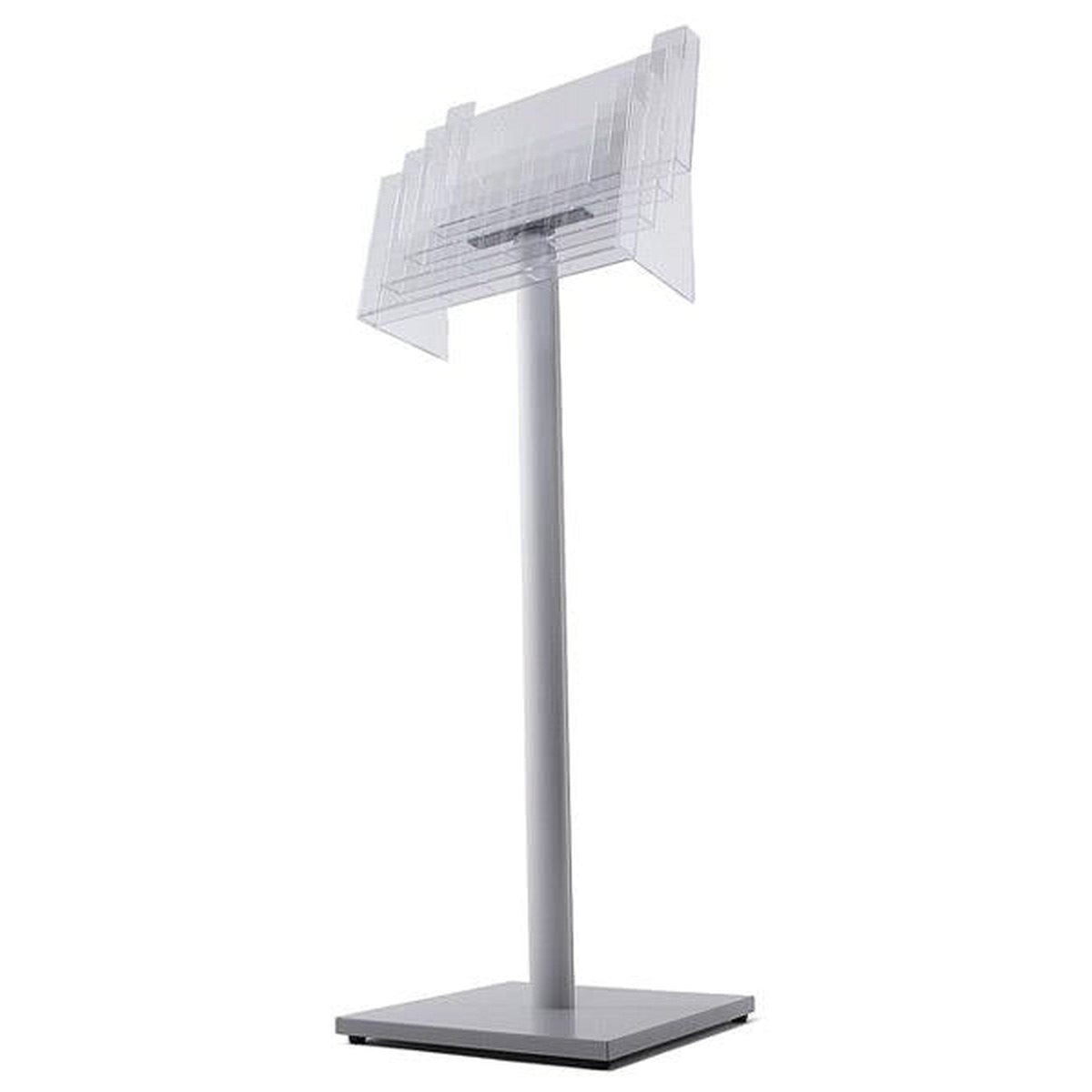 Elegant gulvbrochureholder multiformat A6 i aluminium og glasklart polystyren.