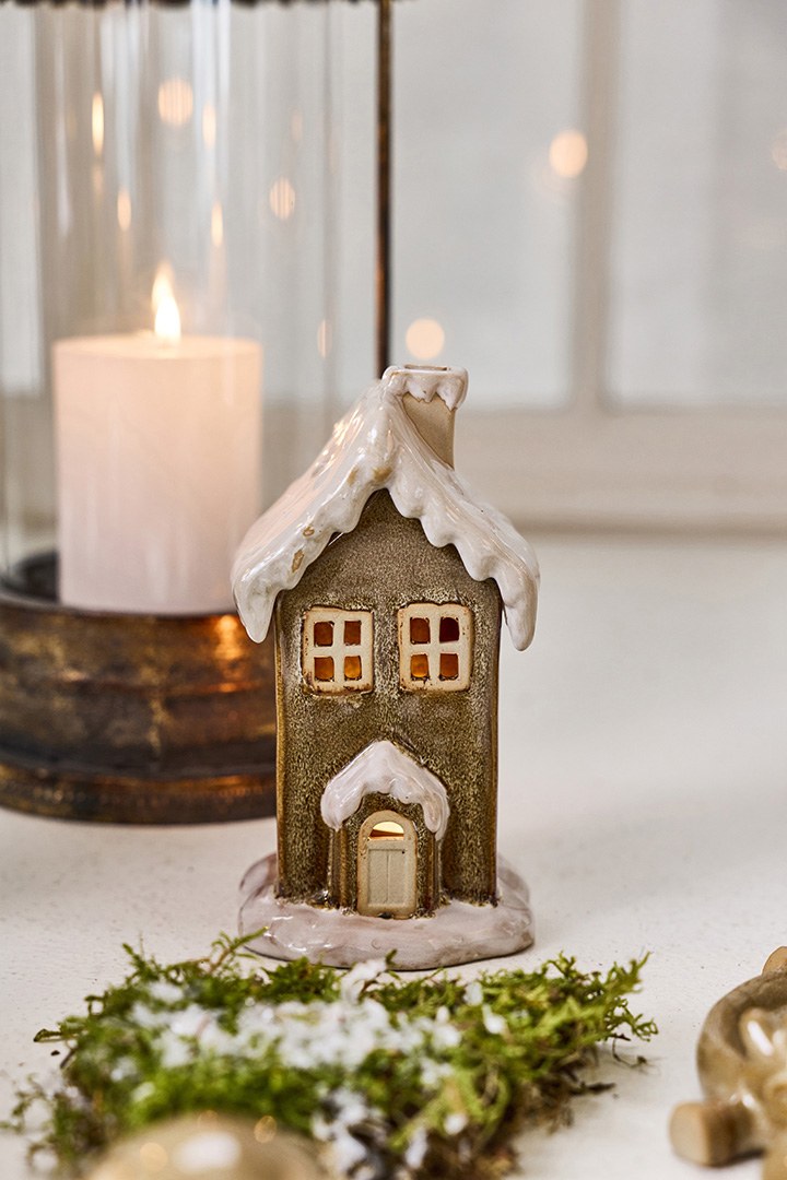 Lyshus til fyrfadslys – 16 cm – creme – keramik