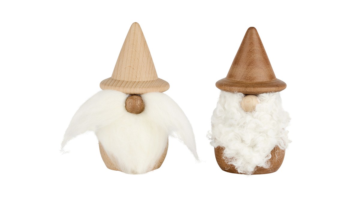 Julemand – 12x6 cm – mørk/lys – træ / tekstil/skæg – sæt med 2 stk.