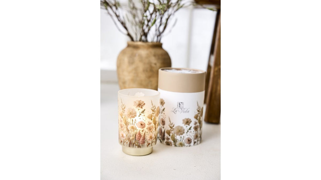 LED-glas Flower – 15x10 cm – nude/gylden – 6 timers timer