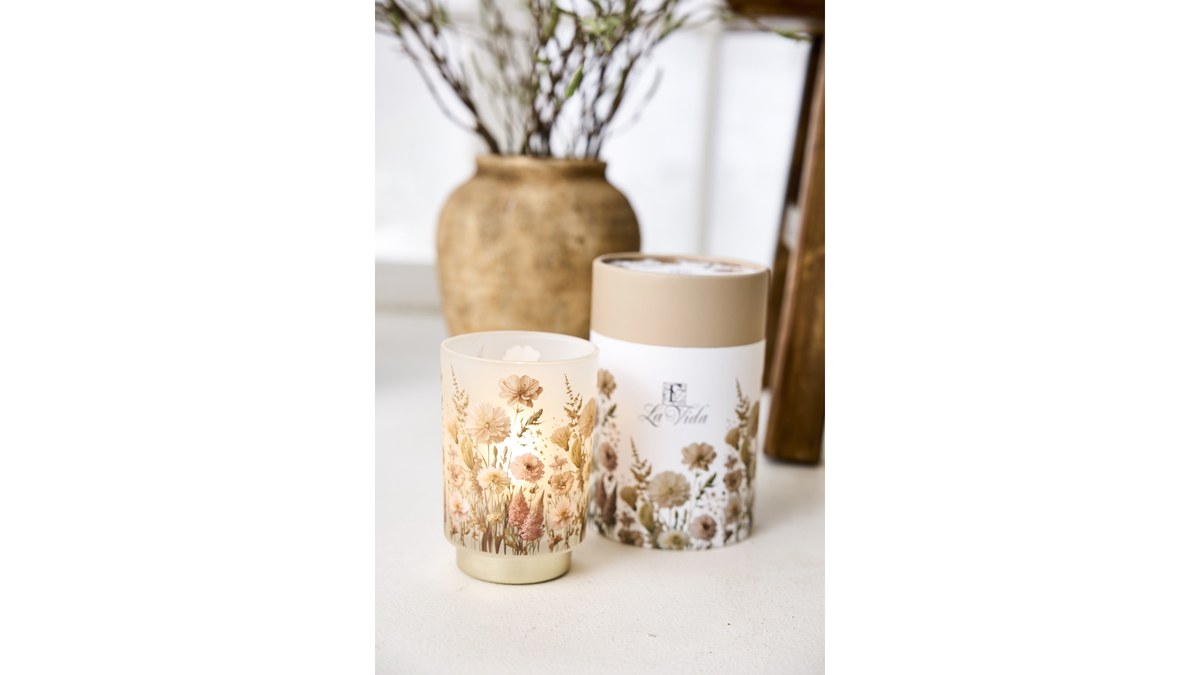 LED-glas Flower – 15x10 cm – nude/gylden – 6 timers timer