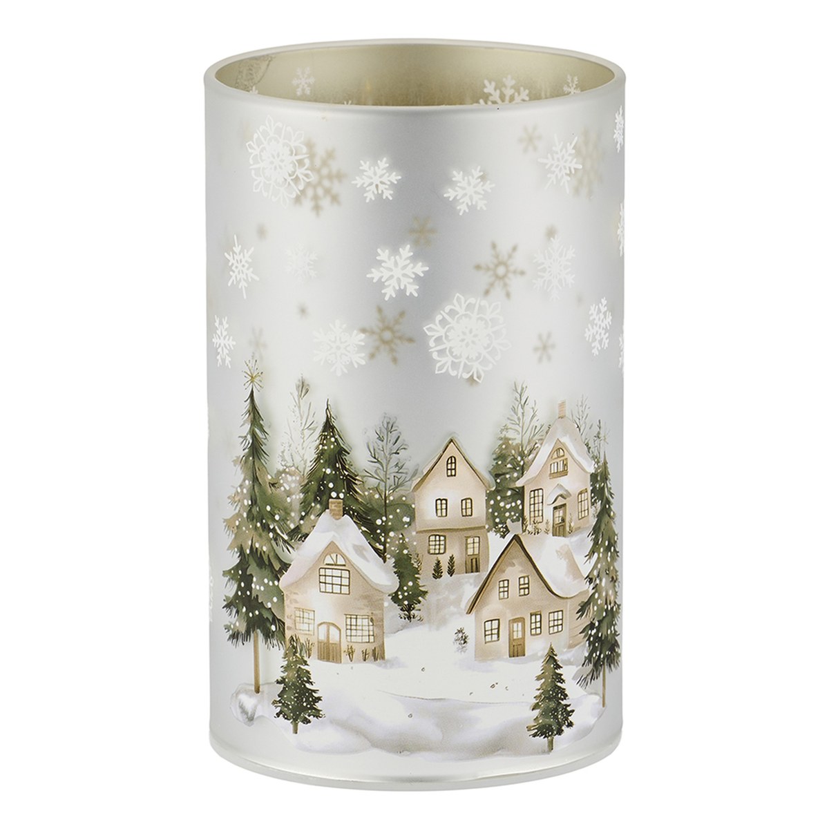 LED-glas med juleby – 12x7.5 cm – sølv – 6 timers timer