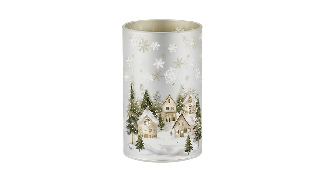 LED-glas med juleby – 12x7.5 cm – sølv – 6 timers timer