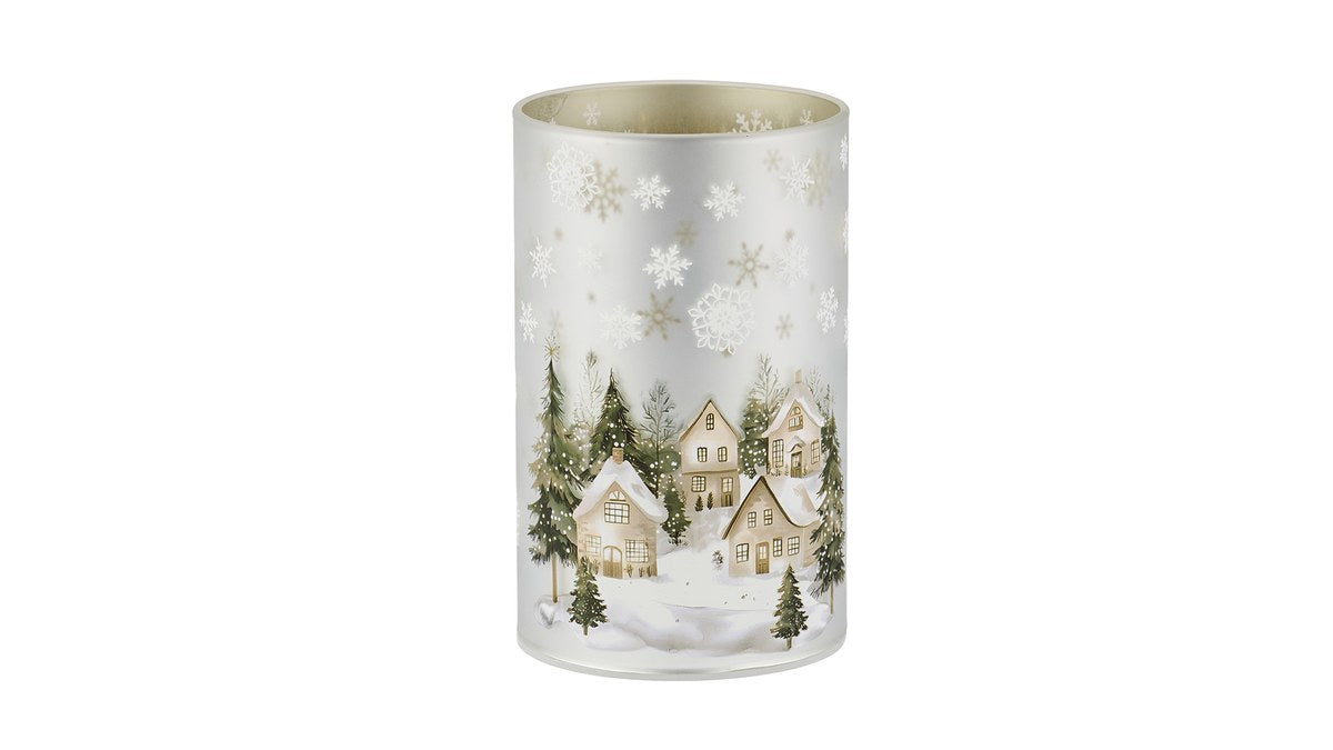 LED-glas med juleby – 12x7.5 cm – sølv – 6 timers timer