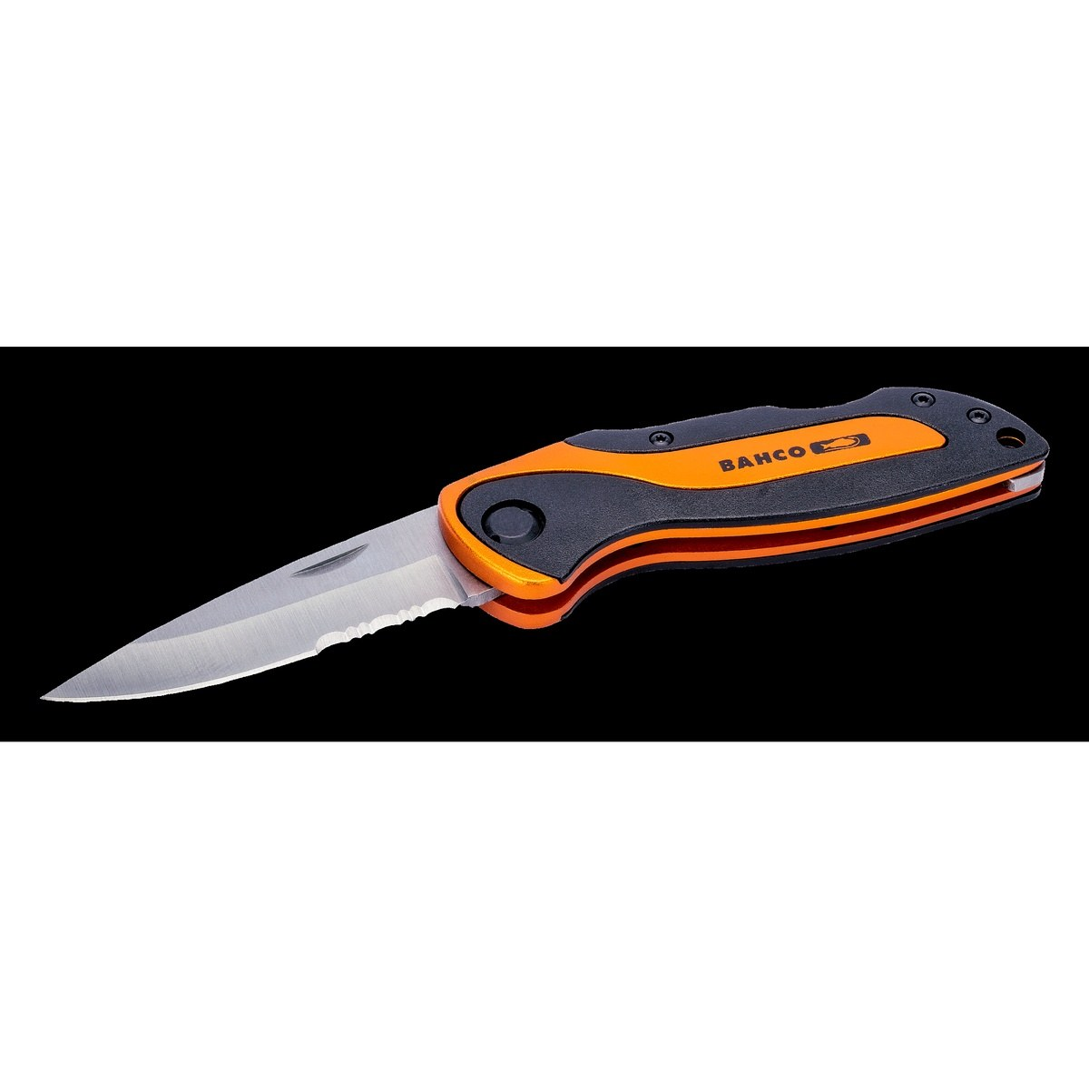 Bahco foldbar kniv KBSK-01 med takker på klingen, orange og sort håndtag