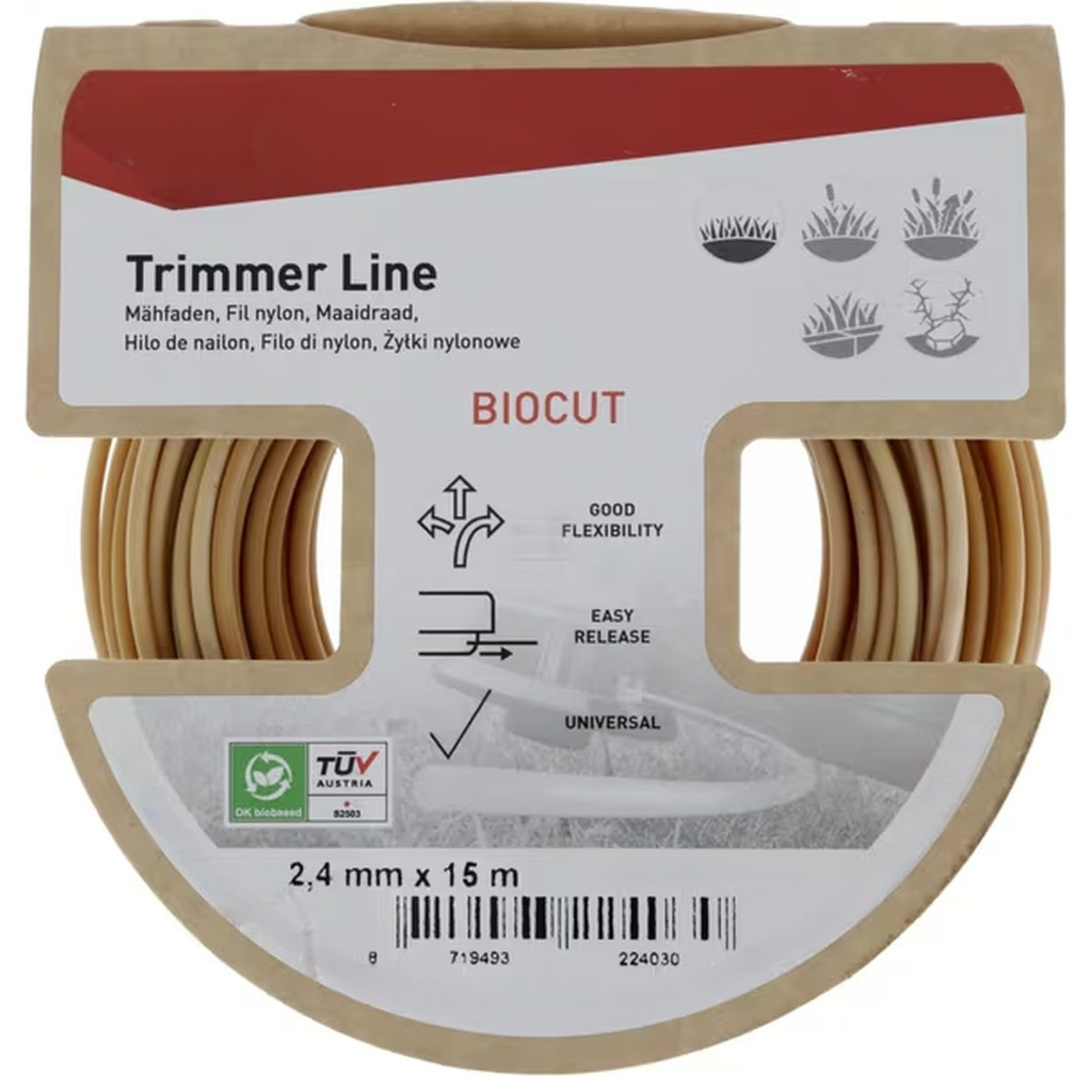 Biocut biobaseret trimmersnøre 2,4 mm x 15 m i brun emballage.