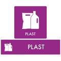 Affaldsskilt "Plast" piktogram i lilla med taske og flaske symbol