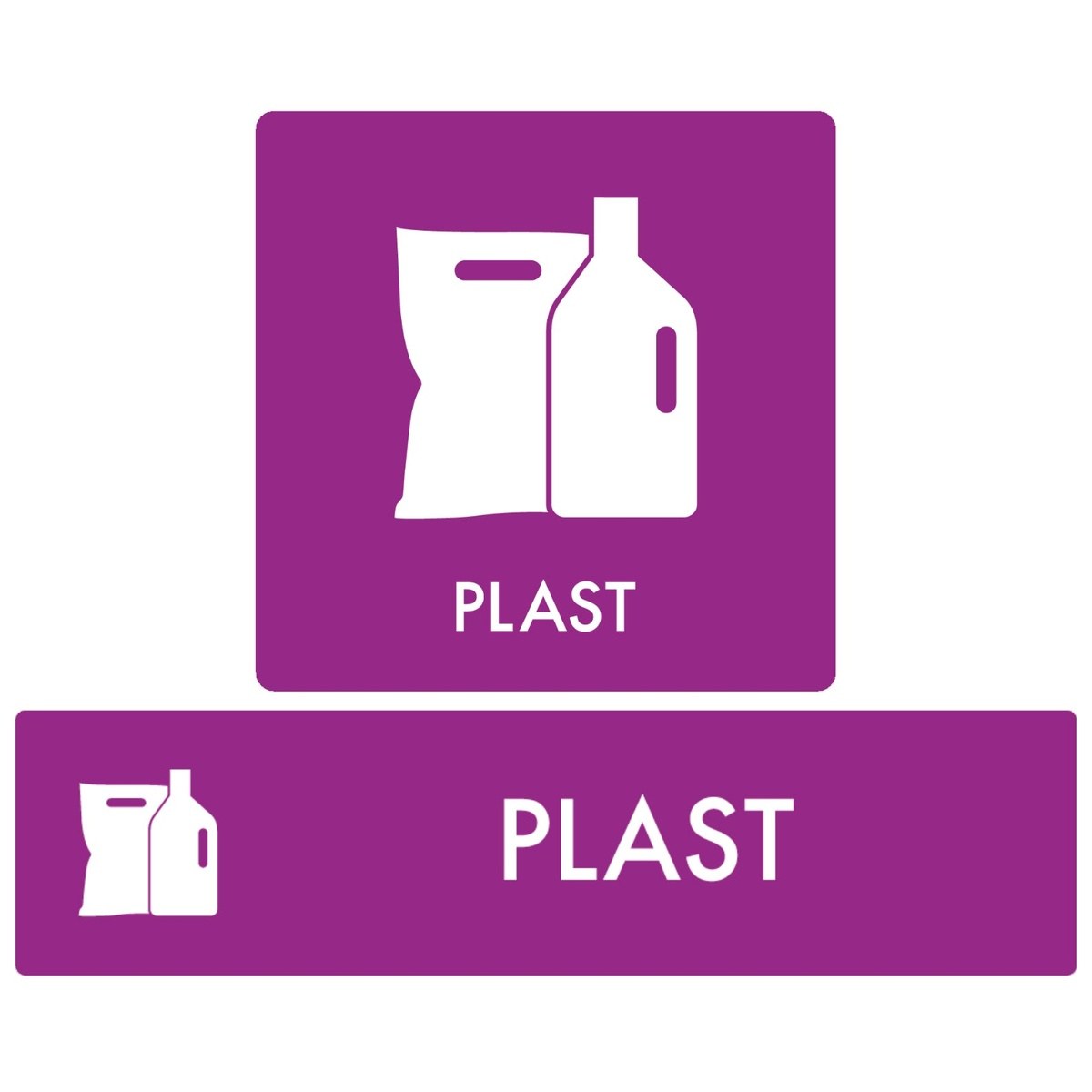 Affaldsskilt "Plast" piktogram i lilla med taske og flaske symbol