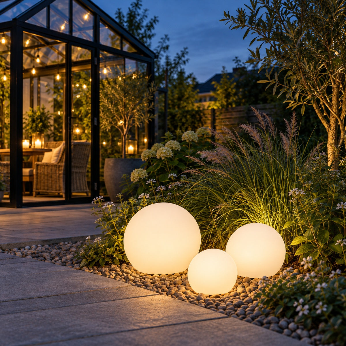 Tre solcelle LED-lyskugler ved terrasse og orangeri i skumringen