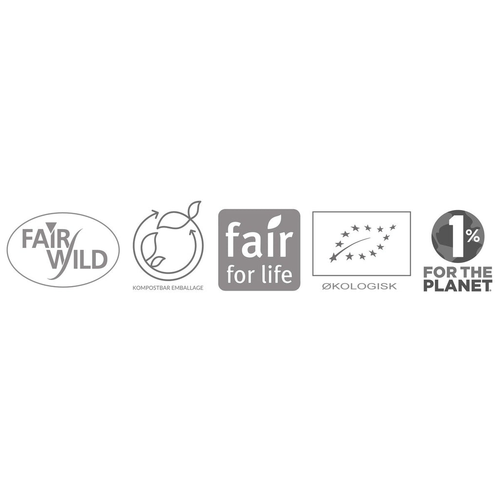 Logoer for Fairwild, komposterbar emballage, Fair for Life, Økologisk og 1% for the Planet